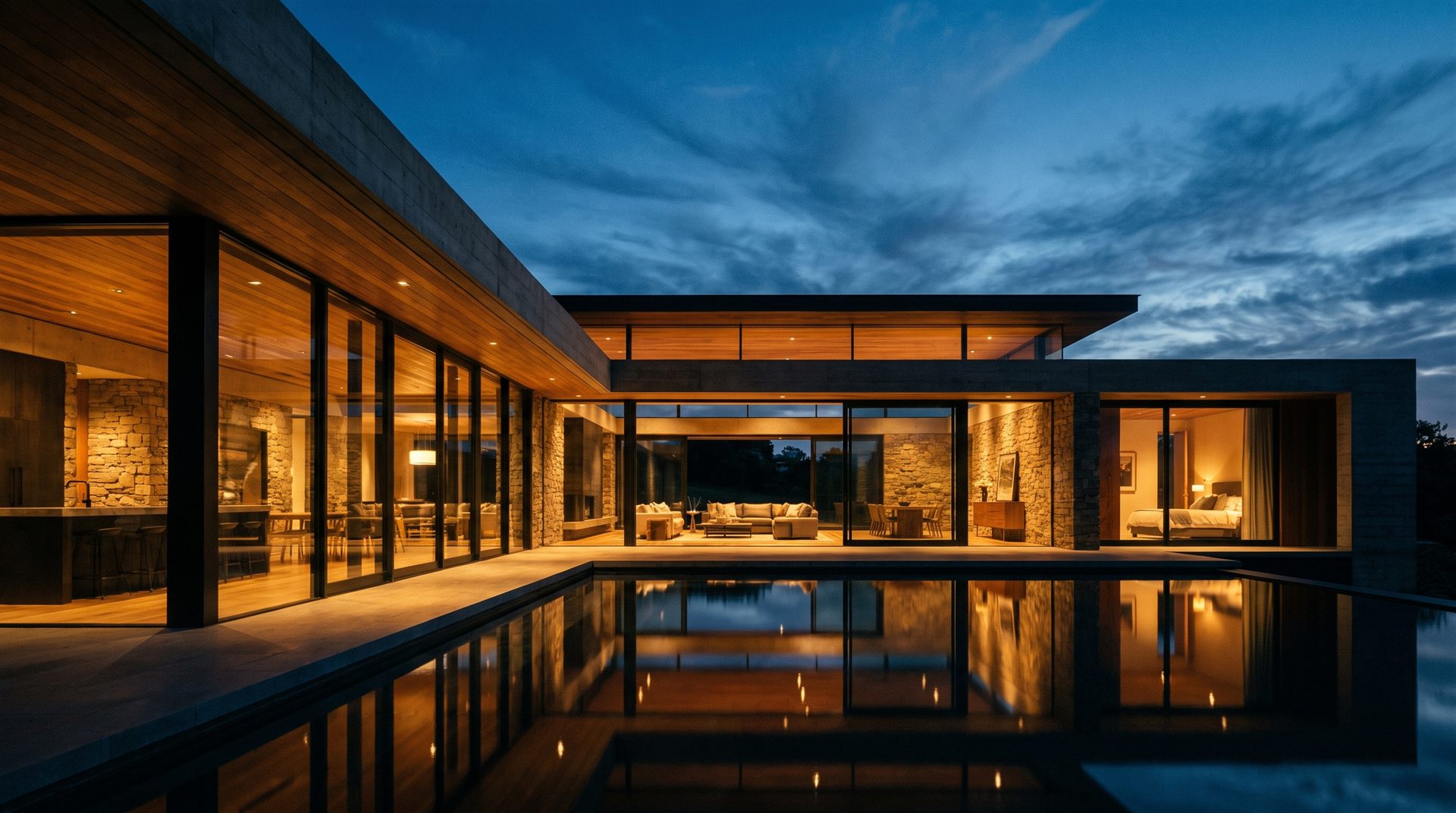 Luxury modern home at twilight with warm interior lights