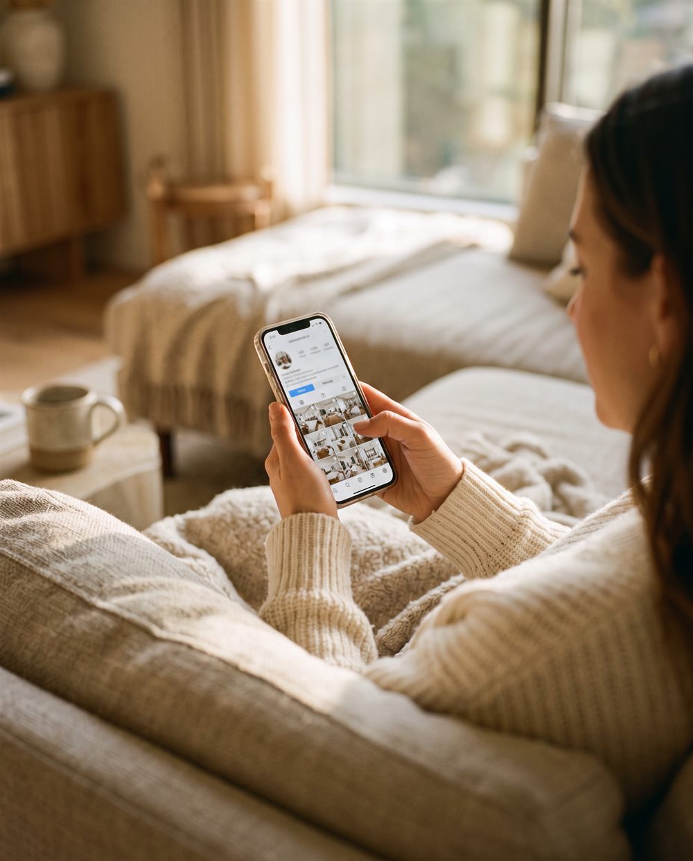 A person relaxing on a sofa scrolling a feed of property photos on their phone