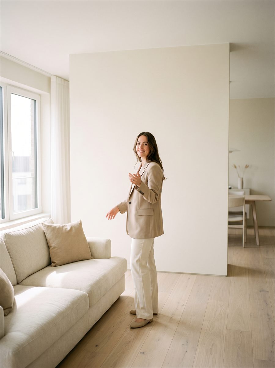 A real estate agent presenting to camera in a bright minimal interior