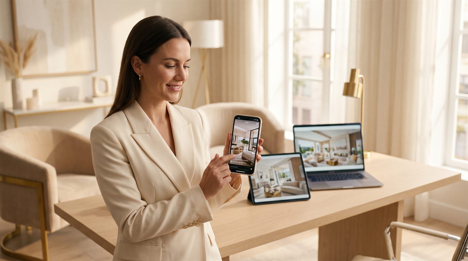 A real estate agent in a bright modern office holding a phone playing a polished property video, with the same branded content on a tablet and laptop behind