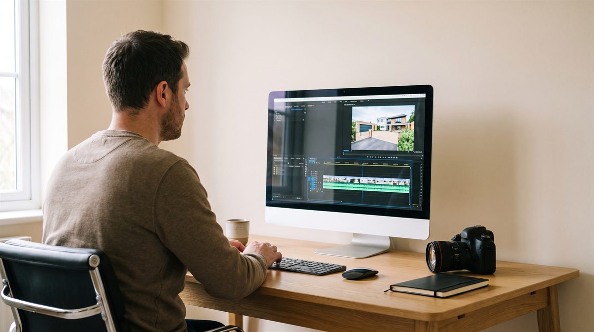 A man at a tidy desk editing a property video on a large monitor, a DSLR camera resting on the desk beside him